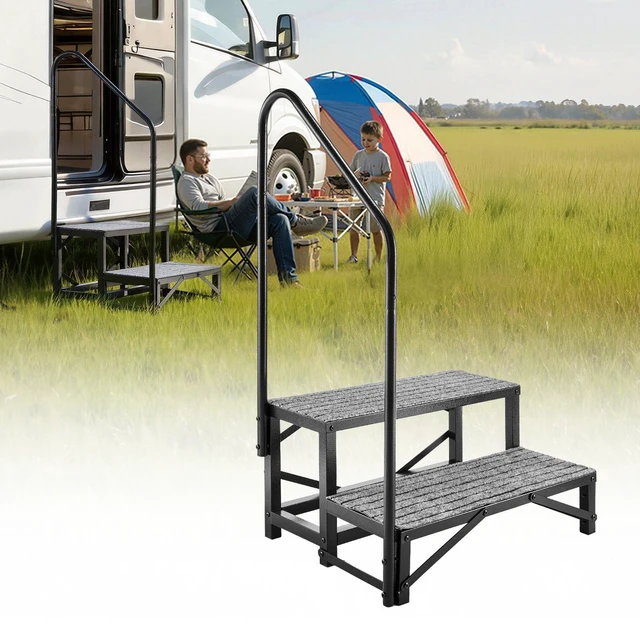 Main image of VEVOR RV Steps with Handrail, 2 Steps, 660 lbs Load Capacity, Heavy Duty Outdoor RV Stairs with Non-Slip Mat for Elderly and Pets, Portable Stairs for Hot Tub, Camper, Mobile Home, Porch, Pool, SPA