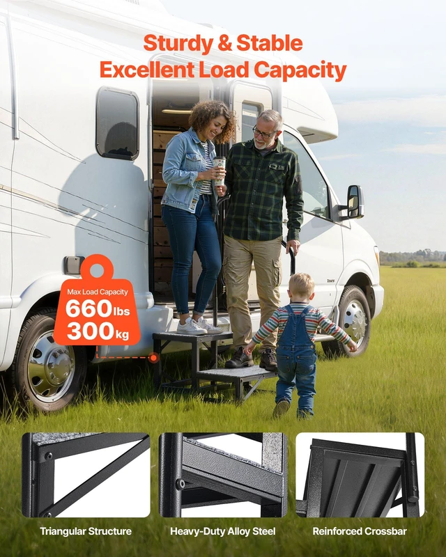 Alt view image 2 of 8 - VEVOR RV Steps with Handrail, 2 Steps, 660 lbs Load Capacity, Heavy Duty Outdoor RV Stairs with Non-Slip Mat for Elderly and Pets, Portable Stairs for Hot Tub, Camper, Mobile Home, Porch, Pool, SPA
