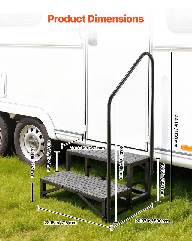 Alt view image 3 of 8 - VEVOR RV Steps with Handrail, 2 Steps, 660 lbs Load Capacity, Heavy Duty Outdoor RV Stairs with Non-Slip Mat for Elderly and Pets, Portable Stairs for Hot Tub, Camper, Mobile Home, Porch, Pool, SPA