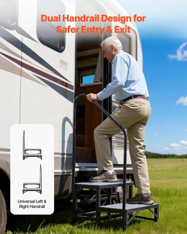 Alt view image 4 of 8 - VEVOR RV Steps with Handrail, 2 Steps, 660 lbs Load Capacity, Heavy Duty Outdoor RV Stairs with Non-Slip Mat for Elderly and Pets, Portable Stairs for Hot Tub, Camper, Mobile Home, Porch, Pool, SPA