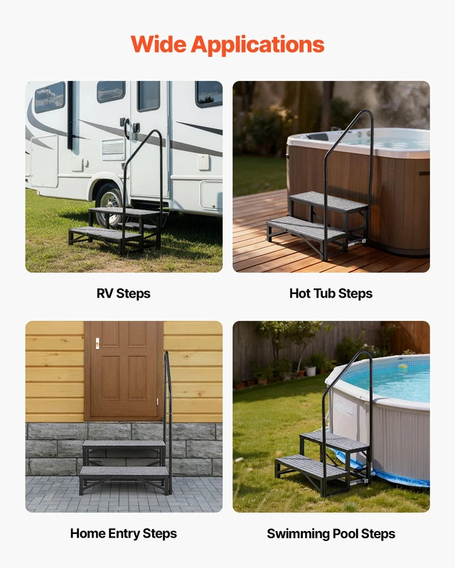 Alt view image 6 of 8 - VEVOR RV Steps with Handrail, 2 Steps, 660 lbs Load Capacity, Heavy Duty Outdoor RV Stairs with Non-Slip Mat for Elderly and Pets, Portable Stairs for Hot Tub, Camper, Mobile Home, Porch, Pool, SPA