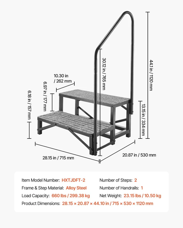 Alt view image 7 of 8 - VEVOR RV Steps with Handrail, 2 Steps, 660 lbs Load Capacity, Heavy Duty Outdoor RV Stairs with Non-Slip Mat for Elderly and Pets, Portable Stairs for Hot Tub, Camper, Mobile Home, Porch, Pool, SPA