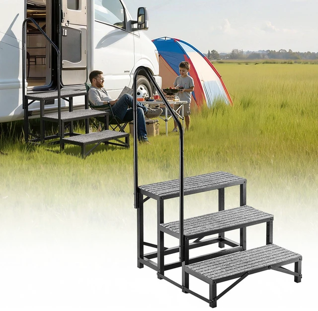Main image of VEVOR RV Steps with Handrail, 3 Steps, 660 lbs Load Capacity, Heavy Duty Outdoor RV Stairs with Non-Slip Mat for Elderly and Pets, Portable Stairs for Hot Tub, Camper, Mobile Home, Porch, Pool, SPA