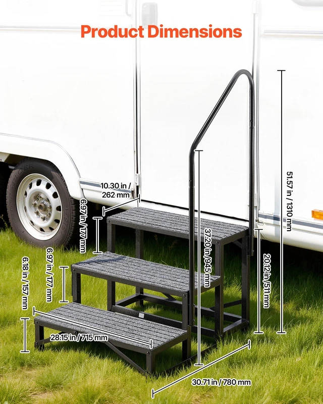 Alt view image 3 of 8 - VEVOR RV Steps with Handrail, 3 Steps, 660 lbs Load Capacity, Heavy Duty Outdoor RV Stairs with Non-Slip Mat for Elderly and Pets, Portable Stairs for Hot Tub, Camper, Mobile Home, Porch, Pool, SPA