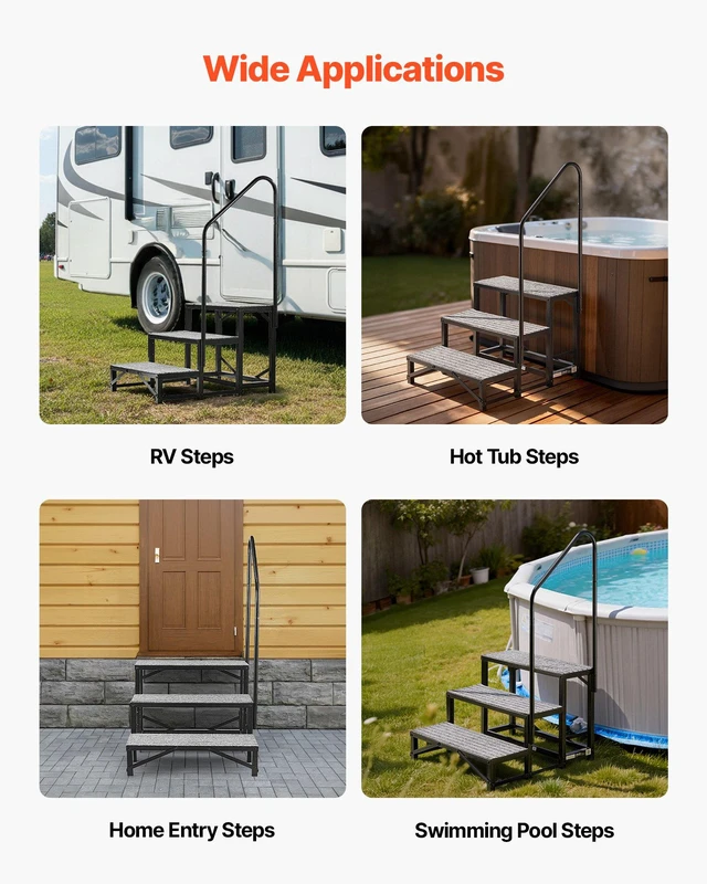 Alt view image 6 of 8 - VEVOR RV Steps with Handrail, 3 Steps, 660 lbs Load Capacity, Heavy Duty Outdoor RV Stairs with Non-Slip Mat for Elderly and Pets, Portable Stairs for Hot Tub, Camper, Mobile Home, Porch, Pool, SPA