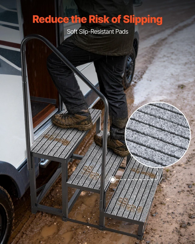 Alt view image 5 of 8 - VEVOR RV Steps with Handrail, 3 Steps, 660 lbs Load Capacity, Heavy Duty Outdoor RV Stairs with Non-Slip Mat for Elderly and Pets, Portable Stairs for Hot Tub, Camper, Mobile Home, Porch, Pool, SPA