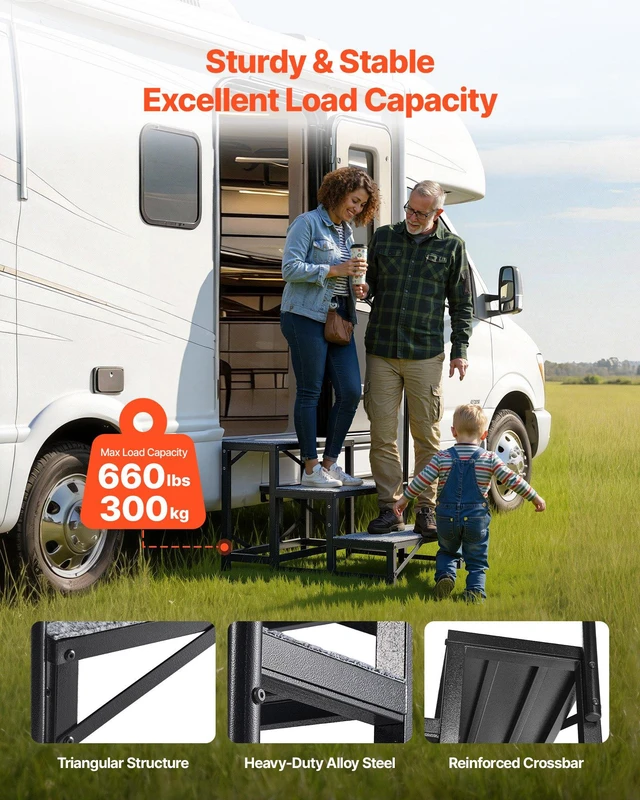 Alt view image 2 of 8 - VEVOR RV Steps with Handrail, 3 Steps, 660 lbs Load Capacity, Heavy Duty Outdoor RV Stairs with Non-Slip Mat for Elderly and Pets, Portable Stairs for Hot Tub, Camper, Mobile Home, Porch, Pool, SPA