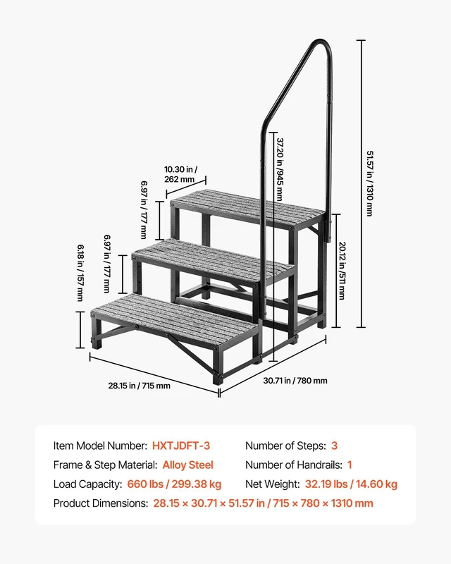 Alt view image 7 of 8 - VEVOR RV Steps with Handrail, 3 Steps, 660 lbs Load Capacity, Heavy Duty Outdoor RV Stairs with Non-Slip Mat for Elderly and Pets, Portable Stairs for Hot Tub, Camper, Mobile Home, Porch, Pool, SPA
