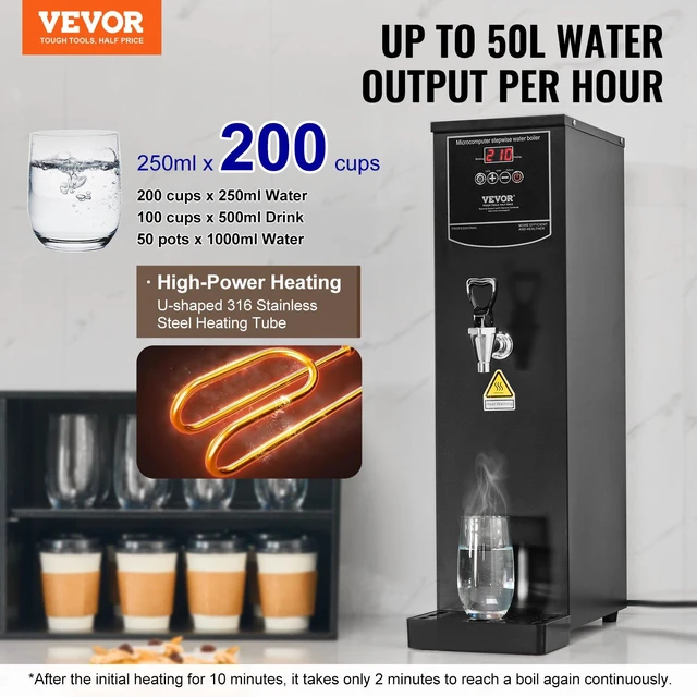 Alt view image 2 of 8 - VEVOR Commercial Water Boiler, Electric Hot Water Dispenser with 316 Stainless Steel Heating Tube, 1500W Step-by-step Fast Heating 50L per Hour Hot Water Boiler, for Coffee Tea Restaurant Office