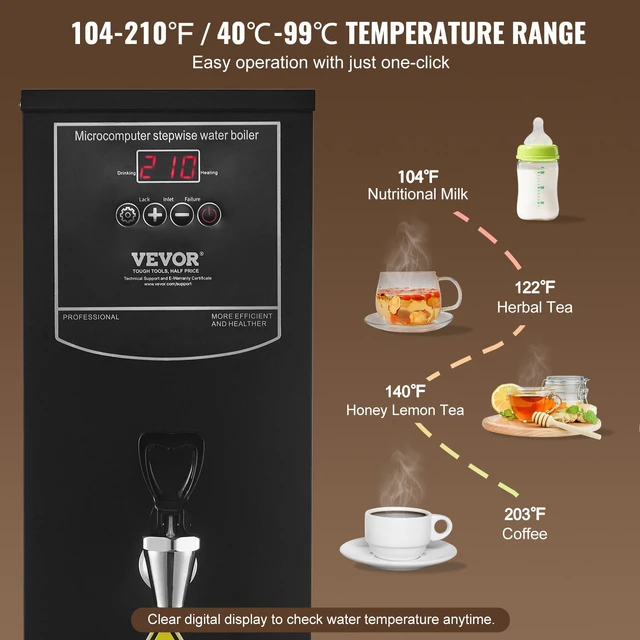Alt view image 3 of 8 - VEVOR Commercial Water Boiler, Electric Hot Water Dispenser with 316 Stainless Steel Heating Tube, 1500W Step-by-step Fast Heating 50L per Hour Hot Water Boiler, for Coffee Tea Restaurant Office