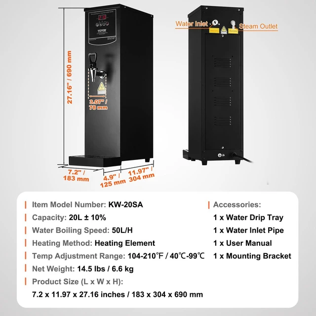 Alt view image 7 of 8 - VEVOR Commercial Water Boiler, Electric Hot Water Dispenser with 316 Stainless Steel Heating Tube, 1500W Step-by-step Fast Heating 50L per Hour Hot Water Boiler, for Coffee Tea Restaurant Office
