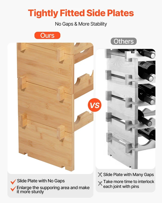 Alt view image 4 of 8 - VEVOR 72 Bottle Stackable Modular Wine Rack, 8-Tier, Floor Freestanding Wine Storage Rack, Sturdy Wines Holder Display Shelf, Wobble-Free Shelves, Easy Assembly, for Kitchen, Cellar, and Bar, Natural