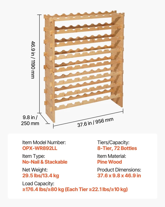 Alt view image 7 of 8 - VEVOR 72 Bottle Stackable Modular Wine Rack, 8-Tier, Floor Freestanding Wine Storage Rack, Sturdy Wines Holder Display Shelf, Wobble-Free Shelves, Easy Assembly, for Kitchen, Cellar, and Bar, Natural