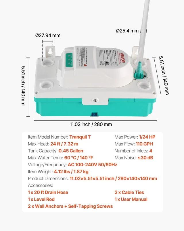 Alt view image 7 of 8 - VEVOR Condensate Pump, 1/24 HP, 110 GPH, 24 ft Lift, 100-240V Automatic AC Condensation Removal Pump with Safety Switch & 20 ft Tubing, for Air Conditioner, Dehumidifier, HVAC, Furnace, Ice Maker