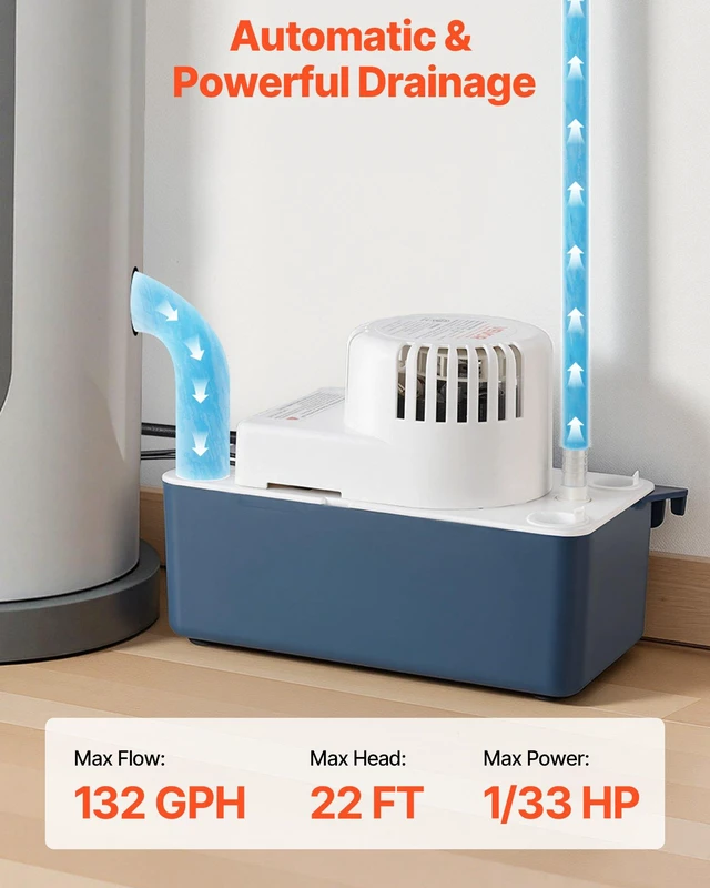 Alt view image 2 of 8 - VEVOR Condensate Pump, 1/33 HP, 100 GPH, 22 ft Lift, 115V Automatic Condensation Removal Pump with Safety Switch & 20 ft Tubing, for Air Conditioner, Dehumidifier, HVAC, Furnace, Ice Maker Water Drain