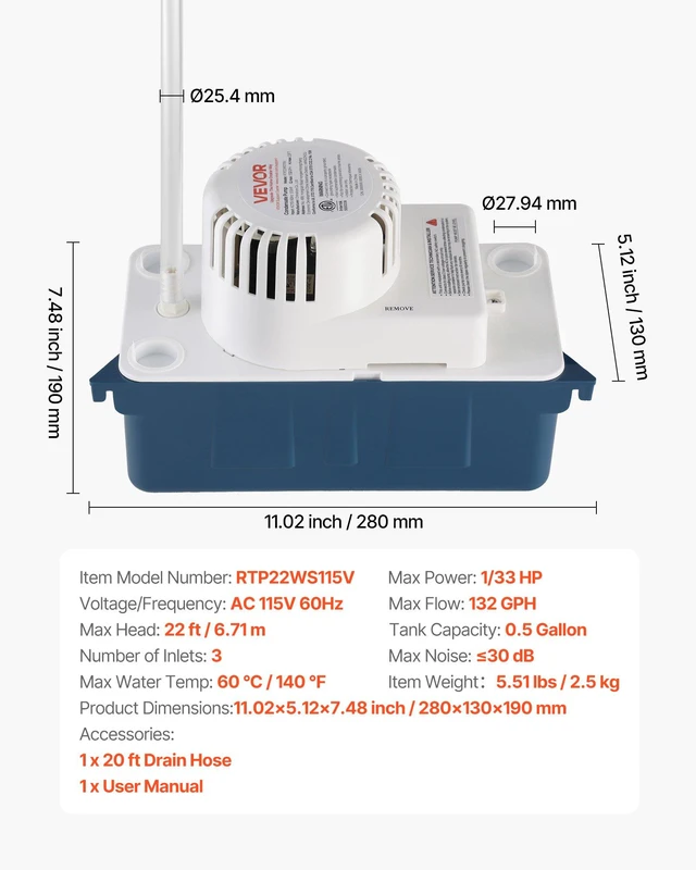 Alt view image 7 of 8 - VEVOR Condensate Pump, 1/33 HP, 100 GPH, 22 ft Lift, 115V Automatic Condensation Removal Pump with Safety Switch & 20 ft Tubing, for Air Conditioner, Dehumidifier, HVAC, Furnace, Ice Maker Water Drain