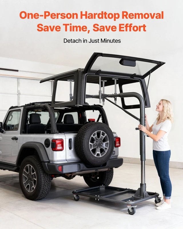 Alt view image 2 of 8 - VEVOR Hard Top Remover Lift, 220 lbs, Jeep Hardtop Removal and Storage System, Quick & Easy One-Person Operation, Adjustable Height, for Jeep Wrangler YJ, TJ, JK, JL, 4XE, Ford Bronco 4 Door & 6 Gen+