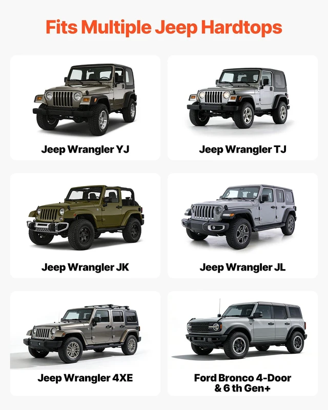 Alt view image 3 of 8 - VEVOR Hard Top Remover Lift, 220 lbs, Jeep Hardtop Removal and Storage System, Quick & Easy One-Person Operation, Adjustable Height, for Jeep Wrangler YJ, TJ, JK, JL, 4XE, Ford Bronco 4 Door & 6 Gen+