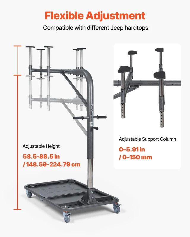 Alt view image 5 of 8 - VEVOR Hard Top Remover Lift, 220 lbs, Jeep Hardtop Removal and Storage System, Quick & Easy One-Person Operation, Adjustable Height, for Jeep Wrangler YJ, TJ, JK, JL, 4XE, Ford Bronco 4 Door & 6 Gen+