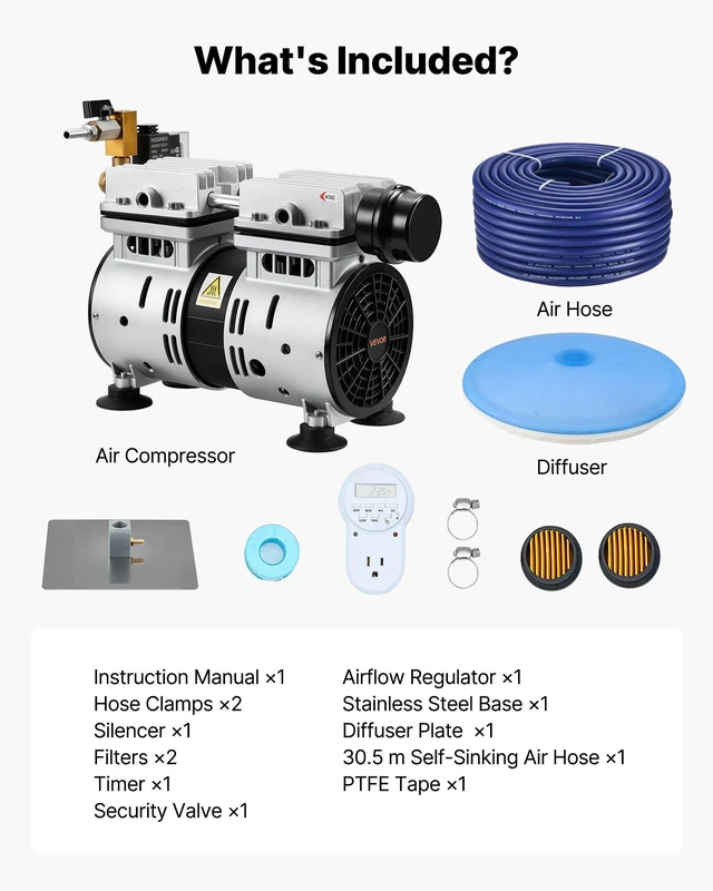 Alt view image 7 of 8 - VEVOR Pond Aerators, 5.2CFM Aeration System for Lakes up to 3 Acres, 3/4 HP Air Compressor, 1 Diffuser & 100' Weighted Tubing, Outdoor Pond Aeration Pump for Deep Water Oxygen Circulation