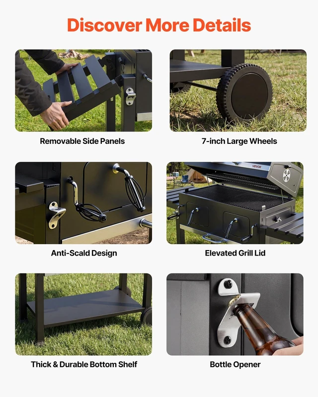 Alt view image 6 of 8 - VEVOR Charcoal Grill, 780 sq.in. Extra-Large Charcoal Barbecue Grill with 2 Liftable Charcoal Trays & Folding Side Tables, High-Temp Powder-Coated Steel BBQ Cooking Grills for Patio Backyard Parties