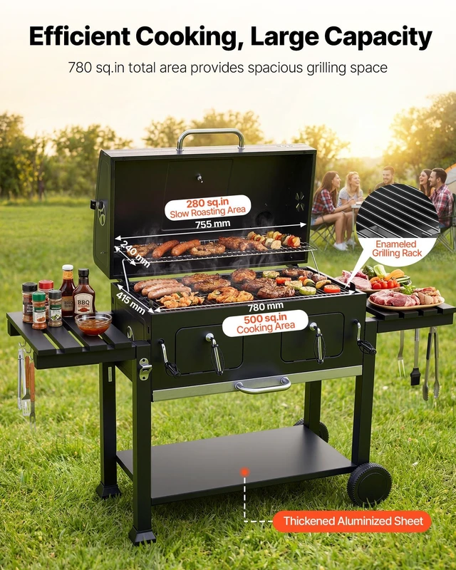 Alt view image 2 of 8 - VEVOR Charcoal Grill, 780 sq.in. Extra-Large Charcoal Barbecue Grill with 2 Liftable Charcoal Trays & Folding Side Tables, High-Temp Powder-Coated Steel BBQ Cooking Grills for Patio Backyard Parties
