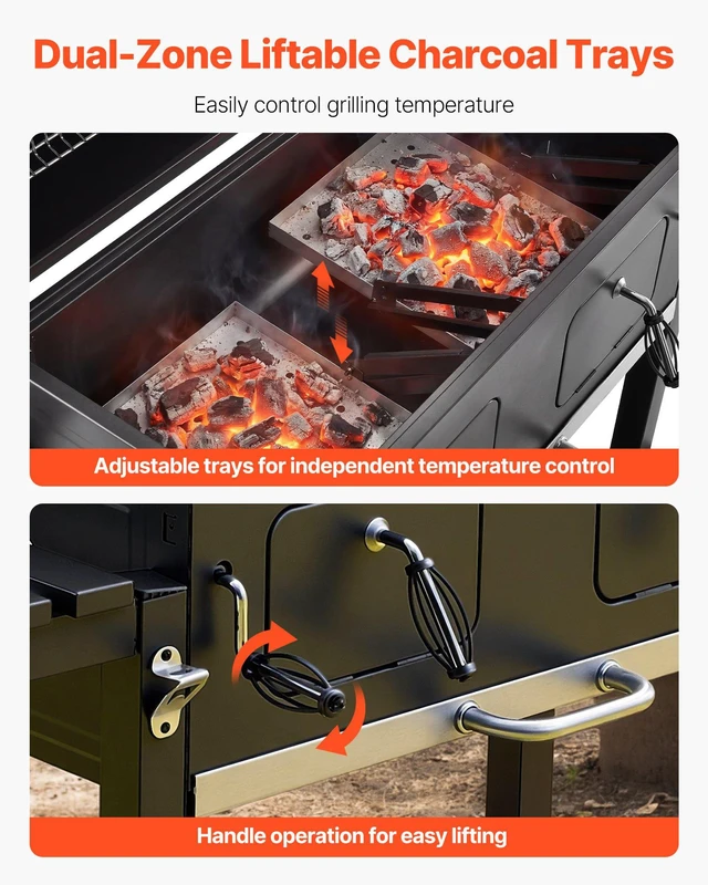 Alt view image 4 of 8 - VEVOR Charcoal Grill, 780 sq.in. Extra-Large Charcoal Barbecue Grill with 2 Liftable Charcoal Trays & Folding Side Tables, High-Temp Powder-Coated Steel BBQ Cooking Grills for Patio Backyard Parties