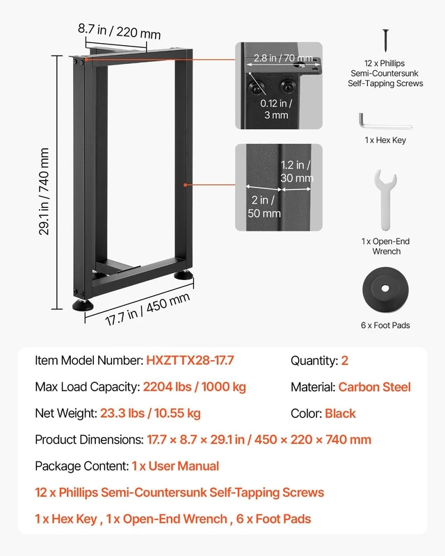 Alt view image 5 of 8 - VEVOR Table Legs, 29.1" H x 17.7" W Square T Shape Steel Furniture Legs, Modular Design, Easy Assembly, 2204 lbs Max Load Heavy Duty, for Home Office Desk, Dinner Table, Workbenches, Set of 2, Black
