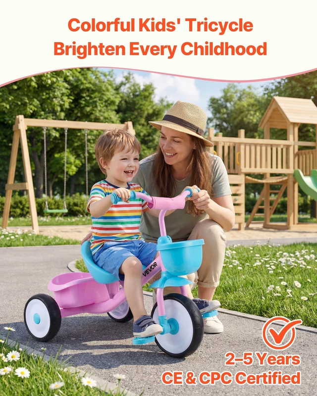 Alt view image 2 of 8 - VEVOR Toddler Tricycle for 2-5 Year Old, Kids Trike with Adjustable Seat, Storage Basket, Carbon Steel Frame, Handlebar Grips for Outdoor Play, Tricycle for Toddlers, Birthday Toy for Boys and Girls