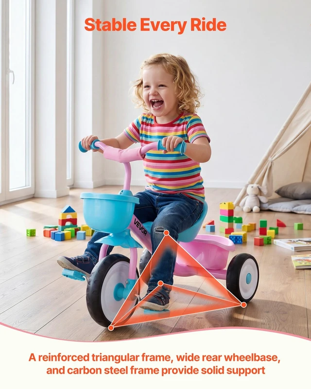 Alt view image 3 of 8 - VEVOR Toddler Tricycle for 2-5 Year Old, Kids Trike with Adjustable Seat, Storage Basket, Carbon Steel Frame, Handlebar Grips for Outdoor Play, Tricycle for Toddlers, Birthday Toy for Boys and Girls