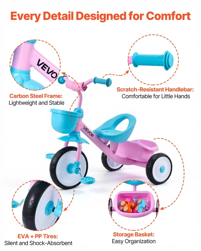 Alt view image 5 of 8 - VEVOR Toddler Tricycle for 2-5 Year Old, Kids Trike with Adjustable Seat, Storage Basket, Carbon Steel Frame, Handlebar Grips for Outdoor Play, Tricycle for Toddlers, Birthday Toy for Boys and Girls