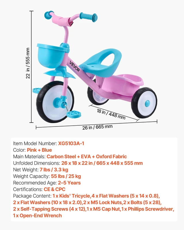 Alt view image 7 of 8 - VEVOR Toddler Tricycle for 2-5 Year Old, Kids Trike with Adjustable Seat, Storage Basket, Carbon Steel Frame, Handlebar Grips for Outdoor Play, Tricycle for Toddlers, Birthday Toy for Boys and Girls