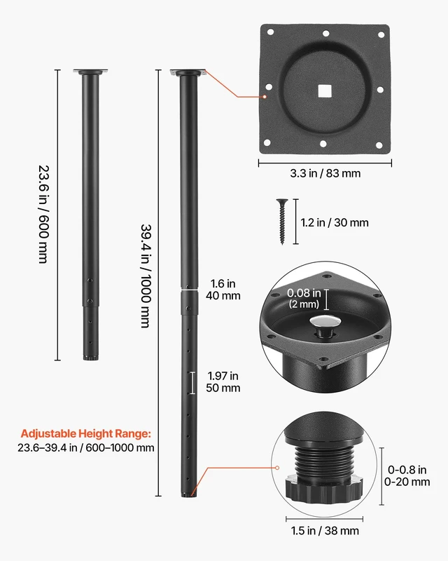 Alt view image 5 of 8 - VEVOR Adjustable Table Legs, 24-40 in Round Steel Furniture Legs, 1200 lbs Max Load Heavy Duty, Quick Installation, Ideal for Home Office Desk DIY, Coffee Dinner Bar Tables, Workbenches, 4 PCS, Black
