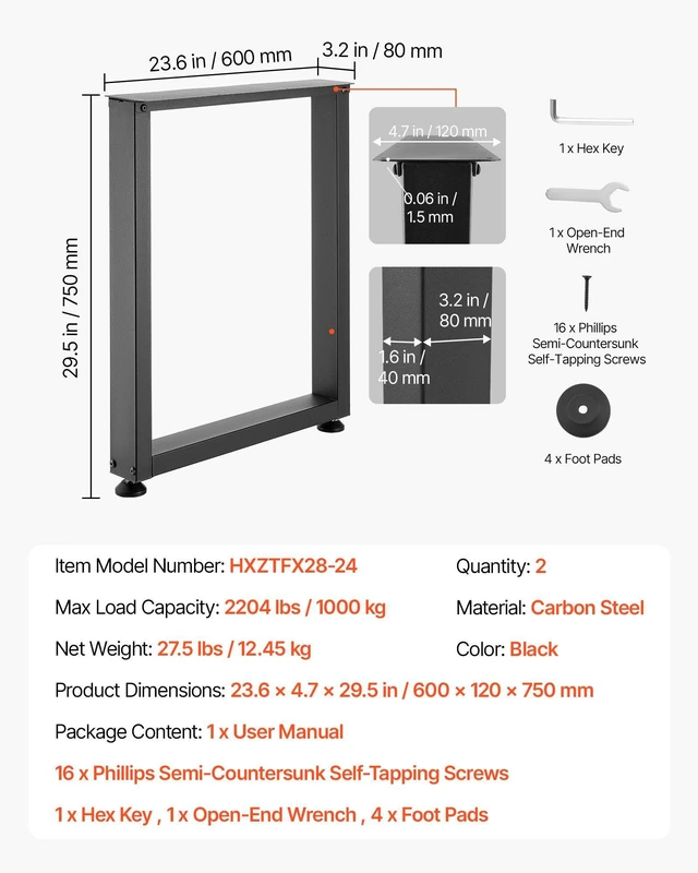 Alt view image 5 of 8 - VEVOR Table Legs, 29.5" H x 23.6" W Square Steel Furniture Legs, Modular Design, Easy Assembly, 2204 lbs Max Load Heavy Duty, for Home Office Desk, Workbenches, Dinner Bar Tables, Set of 2, Black