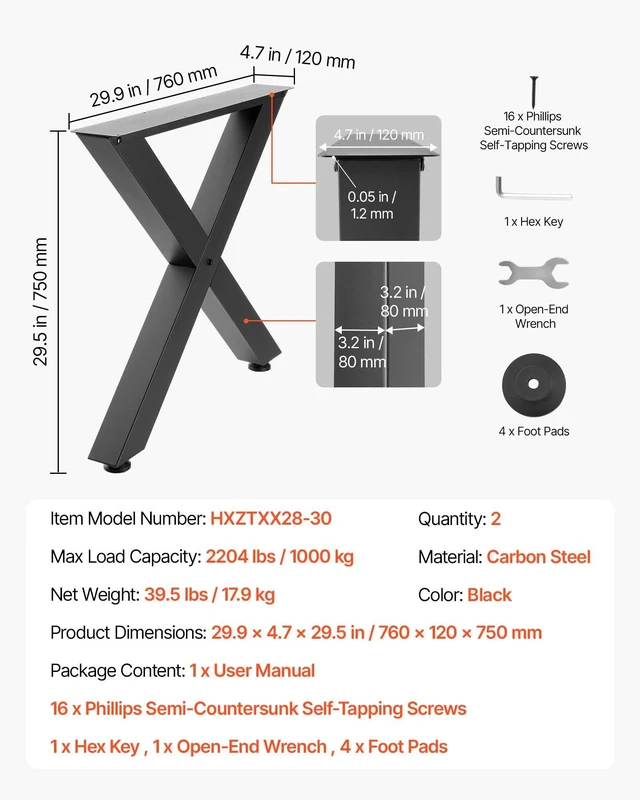 Alt view image 5 of 8 - VEVOR Table Legs, 29.5" H x 29.9" W Steel Furniture Legs, Modular Design, Easy Assembly, 2204 lbs Max Load Heavy Duty, for Home Office Desk, Coffee Dinner Bar Tables, Workbench,2 PCS, X Frame, Black