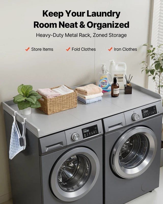 Alt view image 2 of 8 - VEVOR Washer Dryer Countertop, 54 x 27.5 in Wooden Washer and Dryer Topper with Edge & 2 Hooks, Water-Resistant Laundry Machine Topper for Laundry Closet Pantry Counter Organization and Storage, Gray