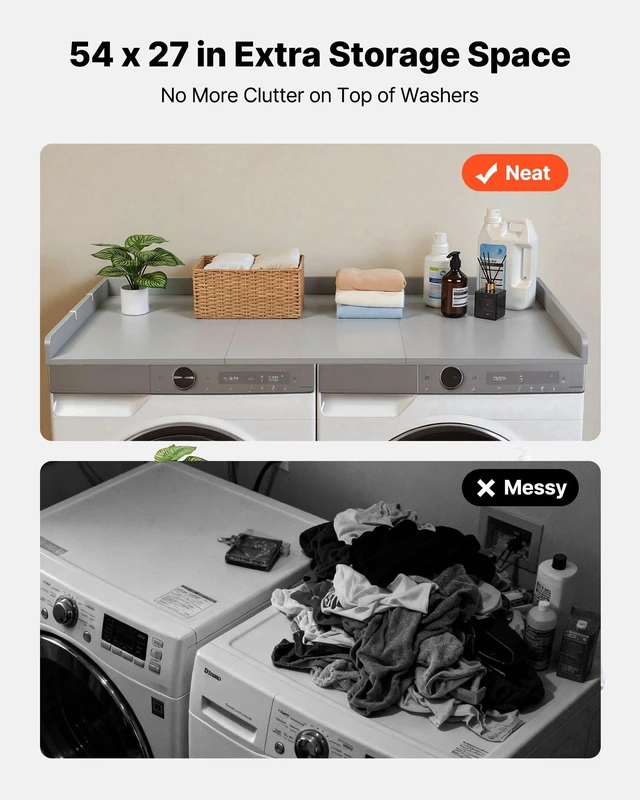Alt view image 3 of 8 - VEVOR Washer Dryer Countertop, 54 x 27.5 in Wooden Washer and Dryer Topper with Edge & 2 Hooks, Water-Resistant Laundry Machine Topper for Laundry Closet Pantry Counter Organization and Storage, Gray