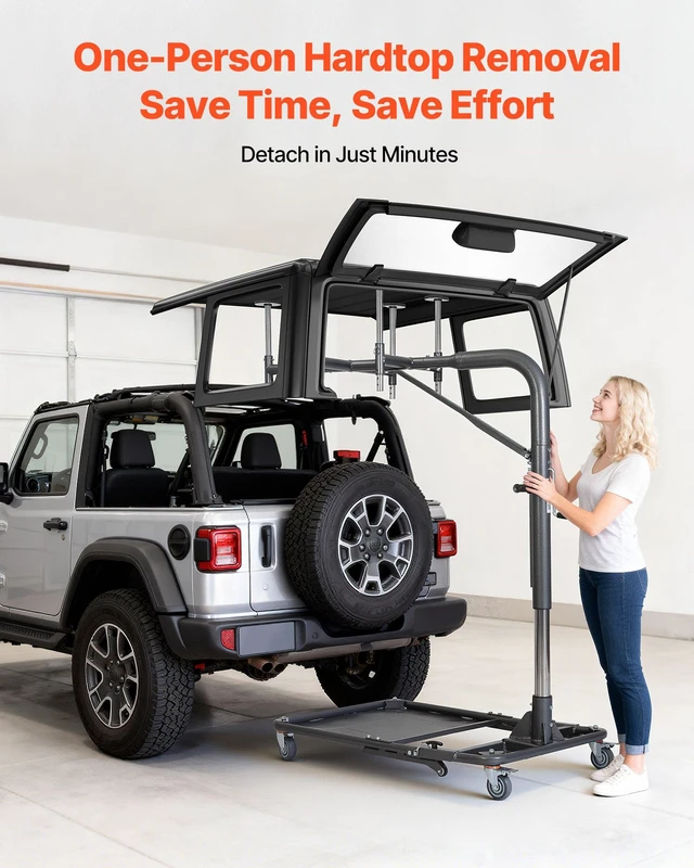 Alt view image 2 of 8 - VEVOR Hard Top Remover Lift, 220 lbs, Foldable Jeep Hardtop Removal and Storage System, Easy One-Person Operation, Adjustable Height, for Jeep Wrangler YJ, TJ, JK, JL, 4XE, Ford Bronco 4 Door & 6 Gen+