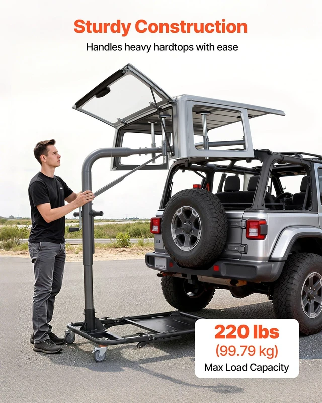 Alt view image 4 of 8 - VEVOR Hard Top Remover Lift, 220 lbs, Foldable Jeep Hardtop Removal and Storage System, Easy One-Person Operation, Adjustable Height, for Jeep Wrangler YJ, TJ, JK, JL, 4XE, Ford Bronco 4 Door & 6 Gen+