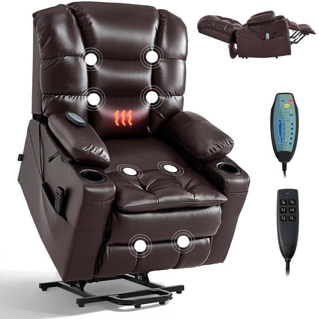 Main image of VEVOR Power Lift Recliner Chair, Triple-Motor, Large Electric Lift Chair with Heat and Massage for Elderly, Infinite Position Adjustment, Leather Surface, with Storage Pockets and Cup Holders, Brown