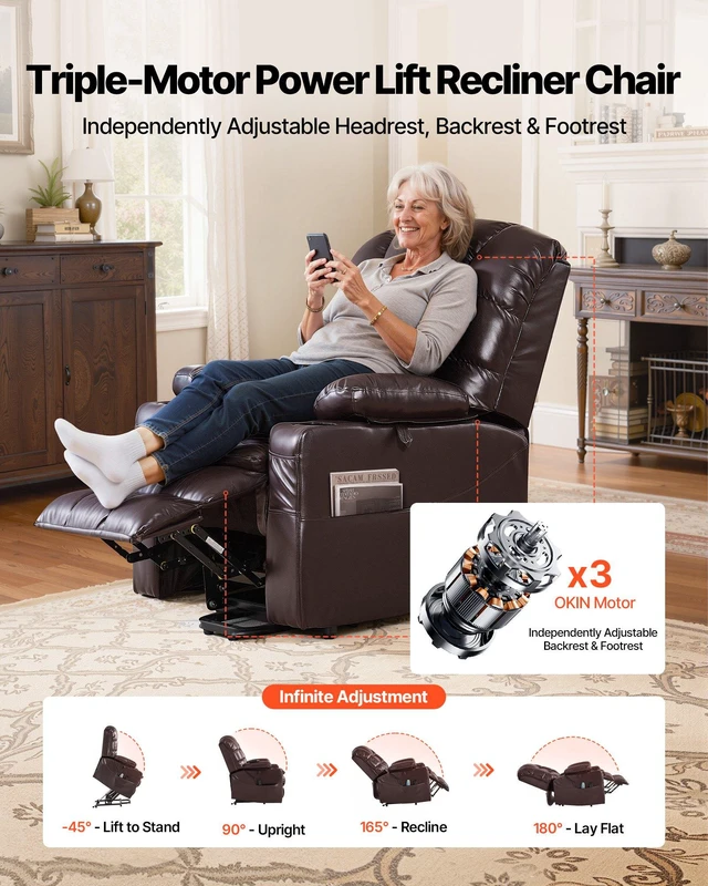 Alt view image 2 of 8 - VEVOR Power Lift Recliner Chair, Triple-Motor, Large Electric Lift Chair with Heat and Massage for Elderly, Infinite Position Adjustment, Leather Surface, with Storage Pockets and Cup Holders, Brown