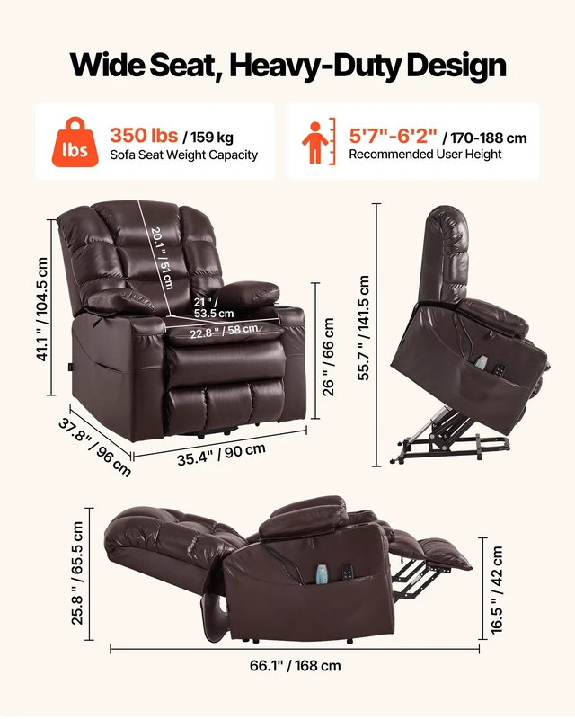Alt view image 3 of 8 - VEVOR Power Lift Recliner Chair, Triple-Motor, Large Electric Lift Chair with Heat and Massage for Elderly, Infinite Position Adjustment, Leather Surface, with Storage Pockets and Cup Holders, Brown