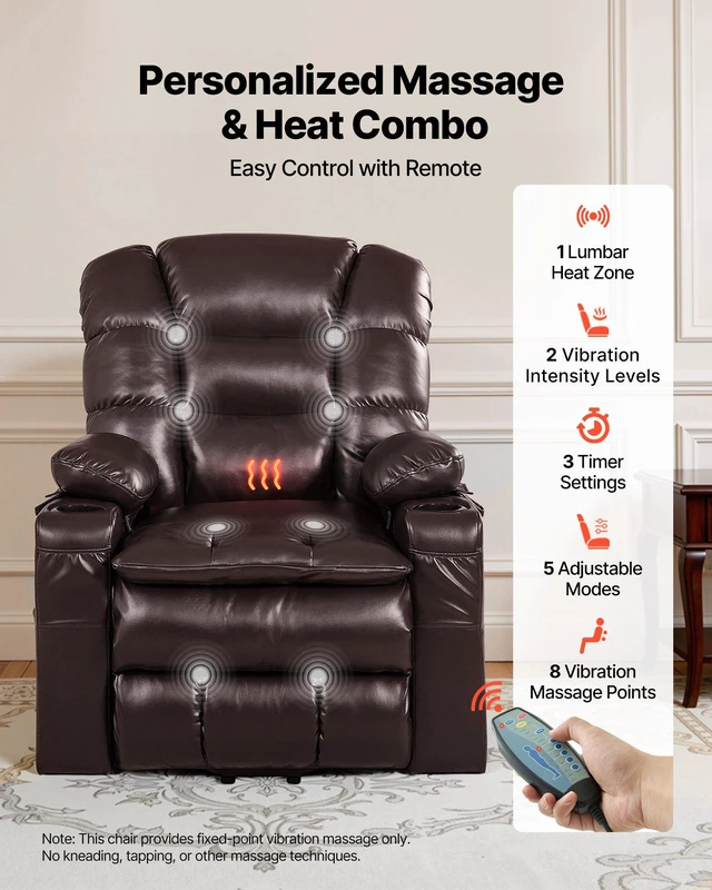 Alt view image 4 of 8 - VEVOR Power Lift Recliner Chair, Triple-Motor, Large Electric Lift Chair with Heat and Massage for Elderly, Infinite Position Adjustment, Leather Surface, with Storage Pockets and Cup Holders, Brown