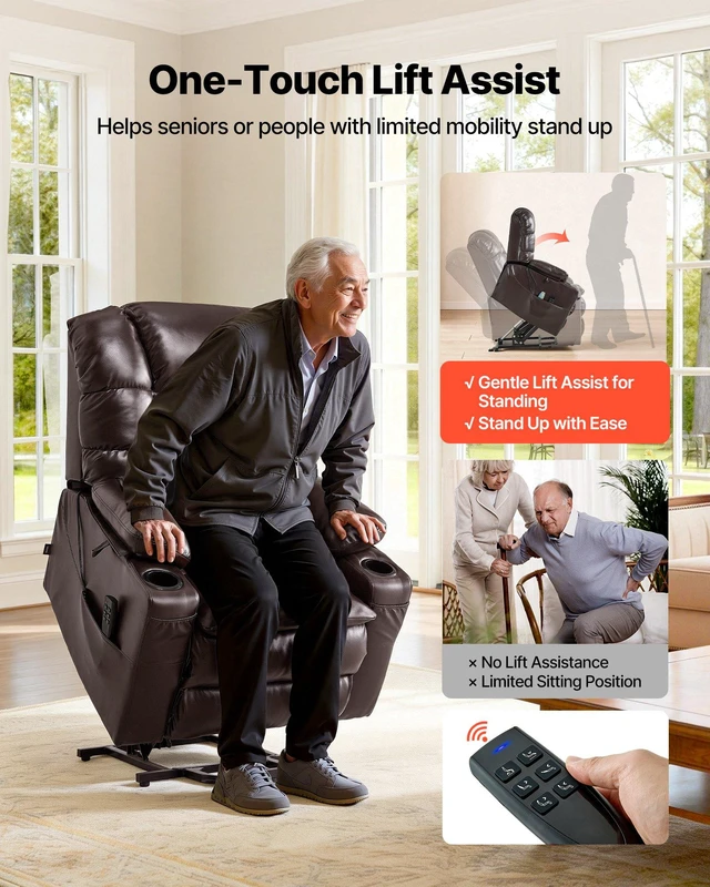 Alt view image 5 of 8 - VEVOR Power Lift Recliner Chair, Triple-Motor, Large Electric Lift Chair with Heat and Massage for Elderly, Infinite Position Adjustment, Leather Surface, with Storage Pockets and Cup Holders, Brown