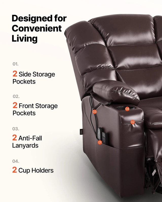Alt view image 7 of 8 - VEVOR Power Lift Recliner Chair, Triple-Motor, Large Electric Lift Chair with Heat and Massage for Elderly, Infinite Position Adjustment, Leather Surface, with Storage Pockets and Cup Holders, Brown