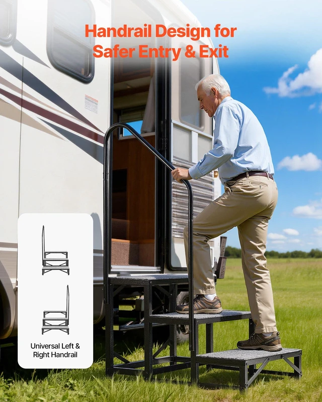 Alt view image 4 of 8 - VEVOR RV Steps with Handrail, 3 Steps, 660 lbs Load Capacity, Heavy Duty Outdoor RV Stairs with Non-Slip Mat for Elderly and Pets, Portable Stairs for Hot Tub, Camper, Mobile Home, Porch, Pool, SPA