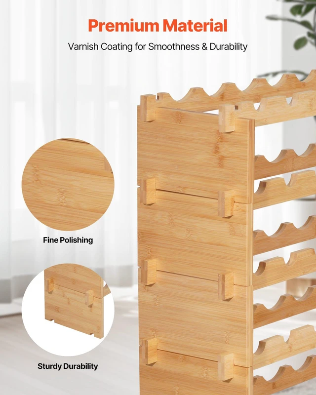 Alt view image 5 of 8 - VEVOR 72 Bottle Stackable Modular Wine Rack, 8-Tier, Floor Freestanding Wine Storage Rack, Sturdy Wines Holder Display Shelf, Wobble-Free Shelves, Easy Assembly, for Kitchen, Cellar, and Bar, Natural