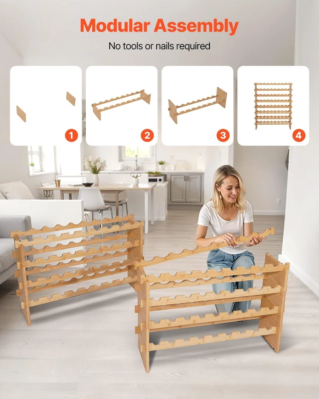 Alt view image 6 of 8 - VEVOR 72 Bottle Stackable Modular Wine Rack, 8-Tier, Floor Freestanding Wine Storage Rack, Sturdy Wines Holder Display Shelf, Wobble-Free Shelves, Easy Assembly, for Kitchen, Cellar, and Bar, Natural