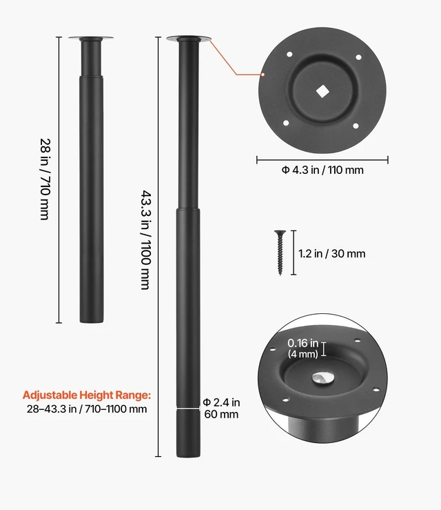 Alt view image 5 of 8 - VEVOR Adjustable Table Legs, 28-43.3 in Steel Furniture Legs, 1200 lbs Max Load Heavy Duty, Quick Installation, Ideal for Home Office Desk DIY, Coffee Dinner Bar Tables, Workbenches, Set of 4, Black
