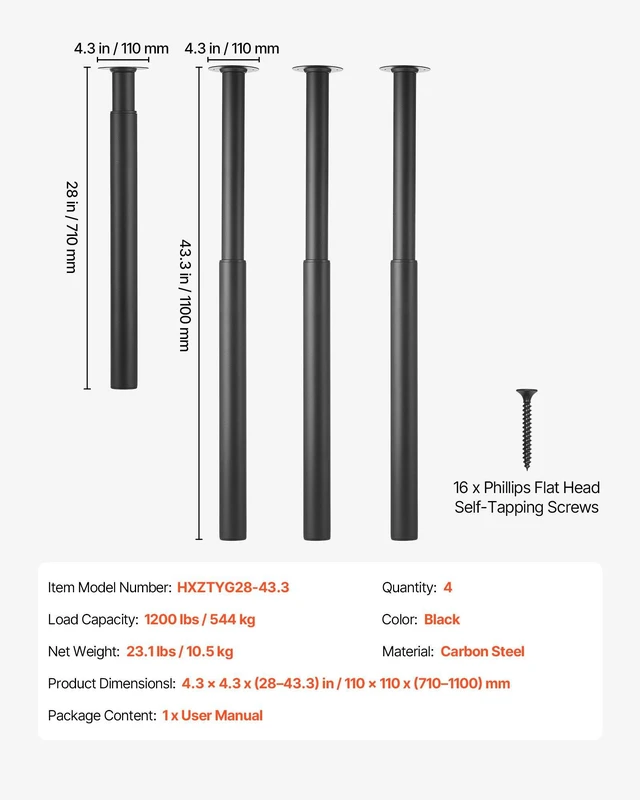 Alt view image 7 of 8 - VEVOR Adjustable Table Legs, 28-43.3 in Steel Furniture Legs, 1200 lbs Max Load Heavy Duty, Quick Installation, Ideal for Home Office Desk DIY, Coffee Dinner Bar Tables, Workbenches, Set of 4, Black